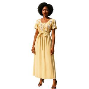 Vintage 80s Expo Petite Yellow Gingham Floral Maxi Dress Cottagecore Prairie 10P